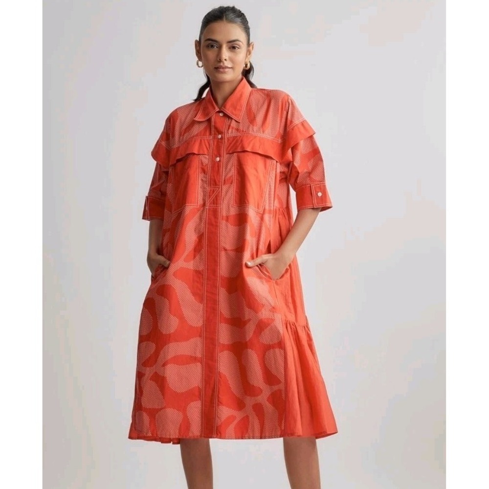 Lovebirds Red & Ivory Tiered Shirt Dress Abstract Leaf Printed Collared Midi